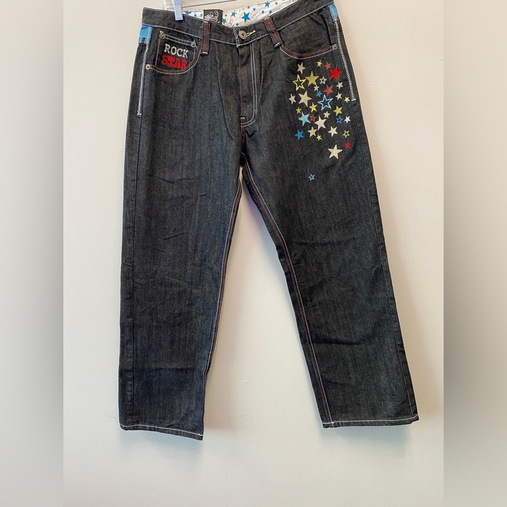 Y2K Imperious Delf Black “Rock Star” Jeans w/ Star Accents & Embroidery—36/34